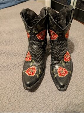 Liberty Black Floral Embroidered Western Ankle Boots